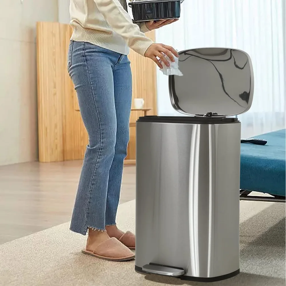 

50 Liter / 13 Gallon Kitchen Trash Can, Stainless Steel with Lid, Foot Pedal and Inner Bucket, Fingerprint-Resistant Soft