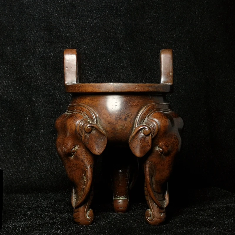 YIZHU CULTUER ART Size 14 × 10 cm Old Chinese Buddhism bronze Elephant head statue Incense burner Censer