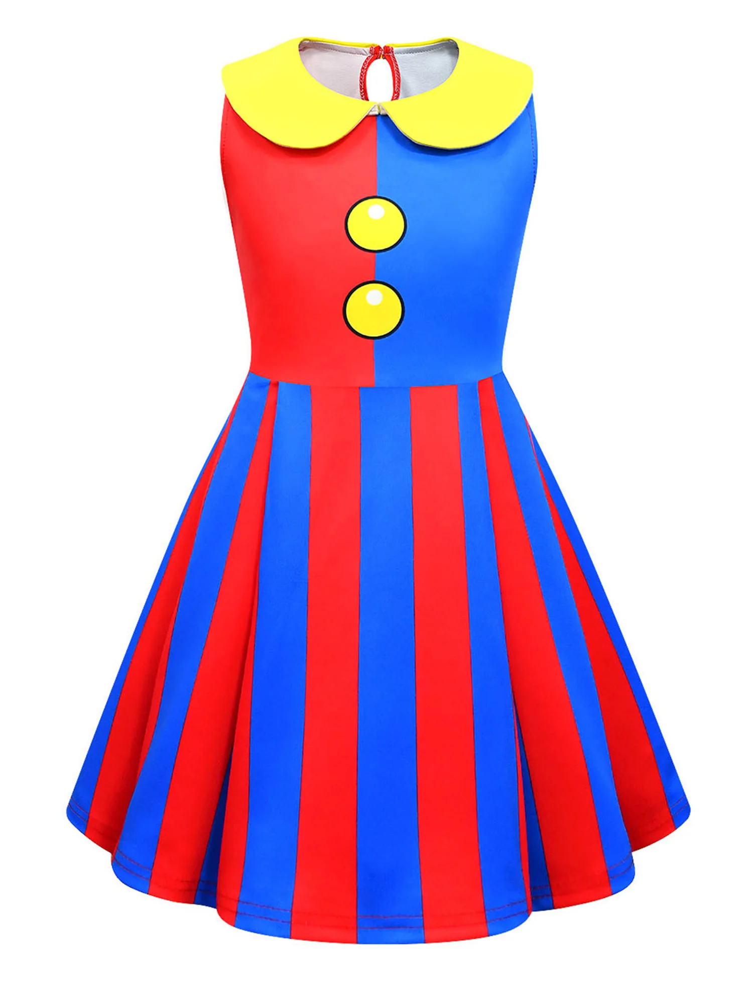 Kids Girls Clown Cosplay Costume Cartoon Character Role Playing Red Blue Color Contrast A-Line Dress for Halloween Party