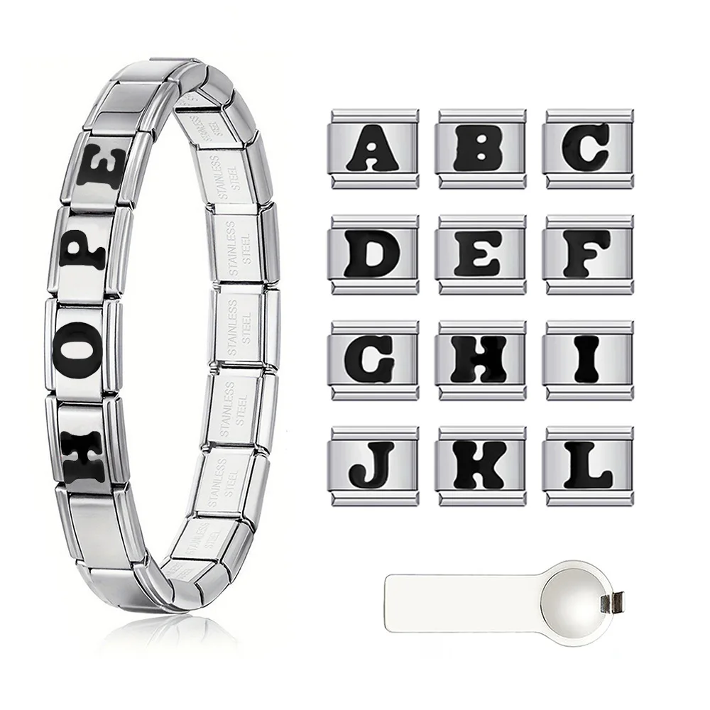 

Итальянский браслет-цепочка из нержавеющей стали с черными буквами, модульный, DIY, настраиваемый, для женщин