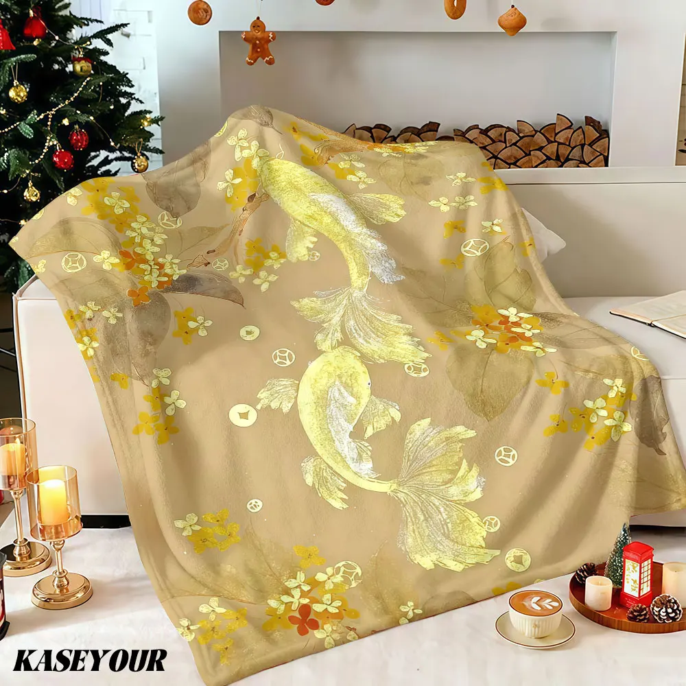 Oriental Golden Koi Floral Winter Summer Flannel Blanket Throw Fleece Soft Fuzzy Plush Cozy Fleece Blankets for Sofa Ideal Gifts