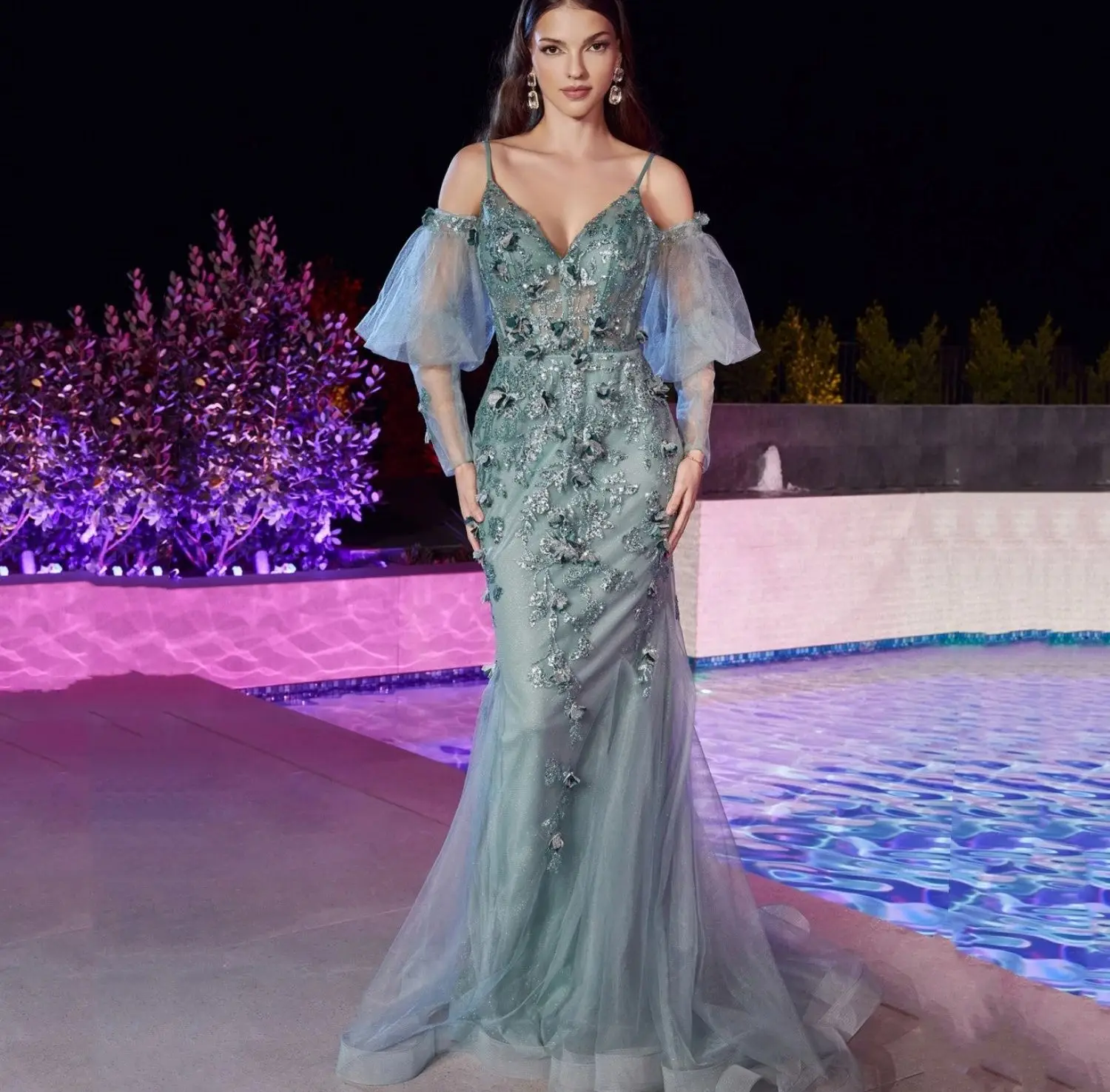 Lucy Sling Long Party Dresses for Prom Applique Shiny Luxurious Women\'s Evening Dresses Luxury 2024 Mesh Gray Blue Ball Gown