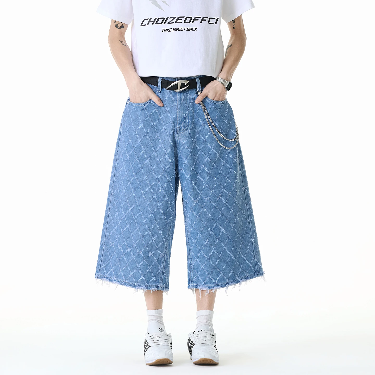 Calças jeans cropped estilo americano de verão, com franjas e losangos, perna larga, corte reto, retrô, de alta qualidade, na cor azul vintage, mesmo 