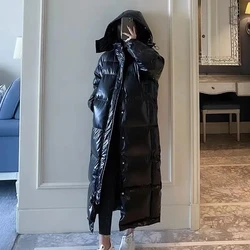 Silver Glossy Down cotton Jacket Women's Loose Long Coat 2022 Winter Windproof Rainproof Thicken Hooded Parkas Overcoat Female