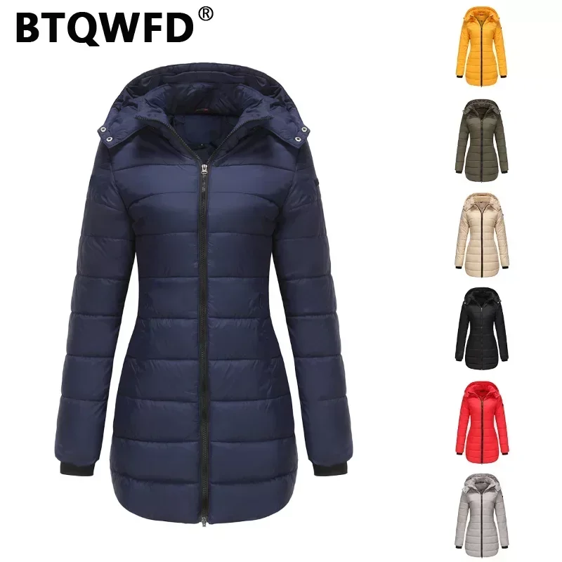 BTQWFD Women Coats Casual Female Clothing Parkas Long Sleeves Pockets Outerwear Detachable Hat Autumn Winter Hooded 2024 New