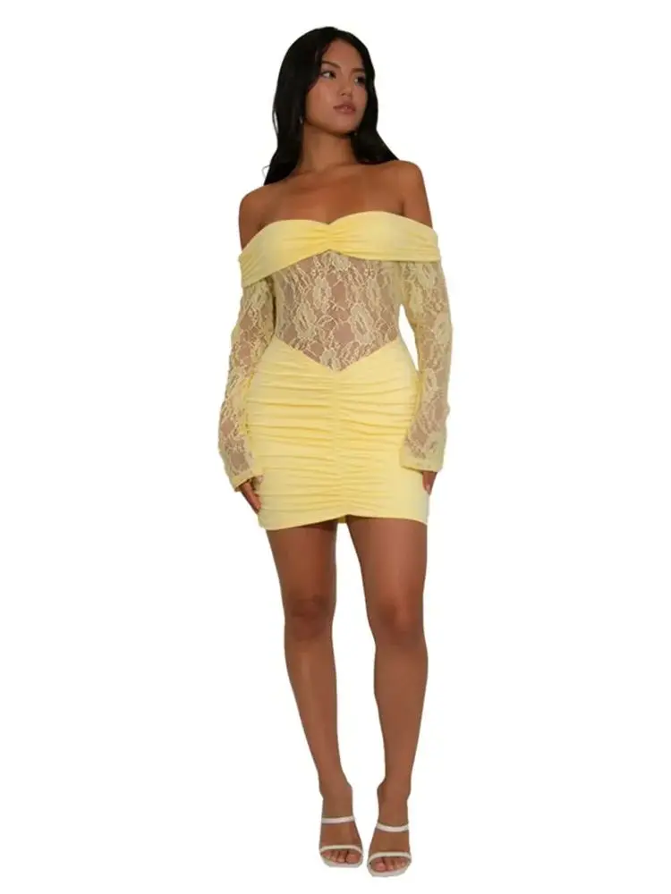 Robe élégante pour femme, patchwork en dentelle, printemps 2026, manches longues, sans bretelles, moulante, ajourée, sexy, pour soirée en club, mini robe drapée