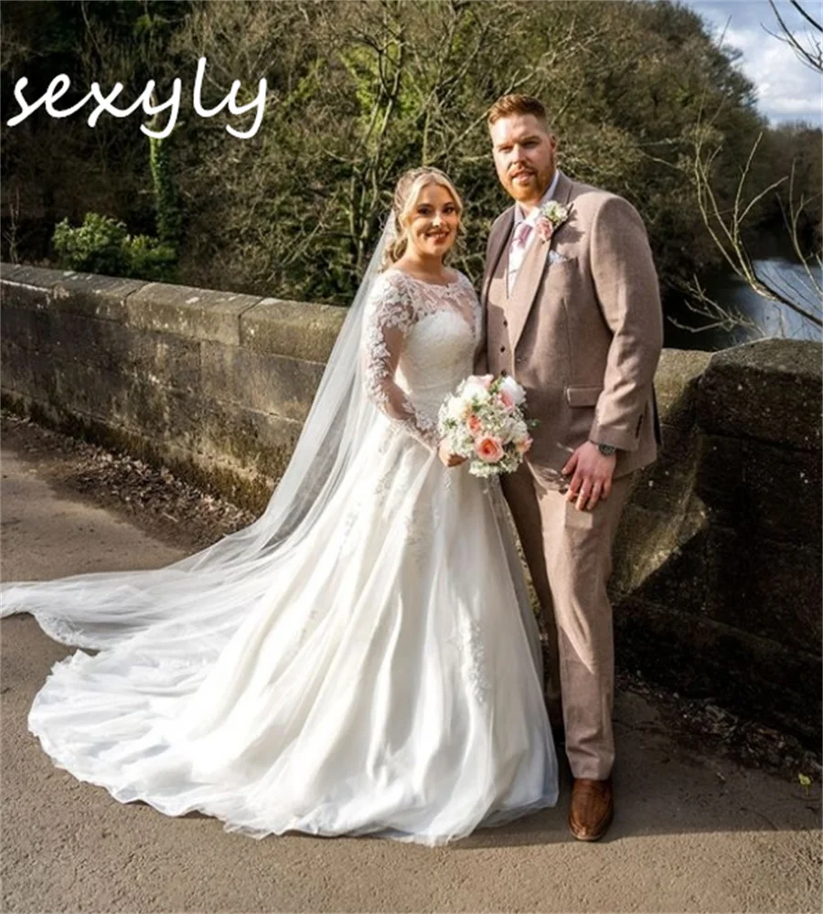 Elegante vestido de novia de encaje de hadas de talla grande una línea vestido de novia bohemio de manga larga de encaje Gatsby país nupcial al aire libre personalizado