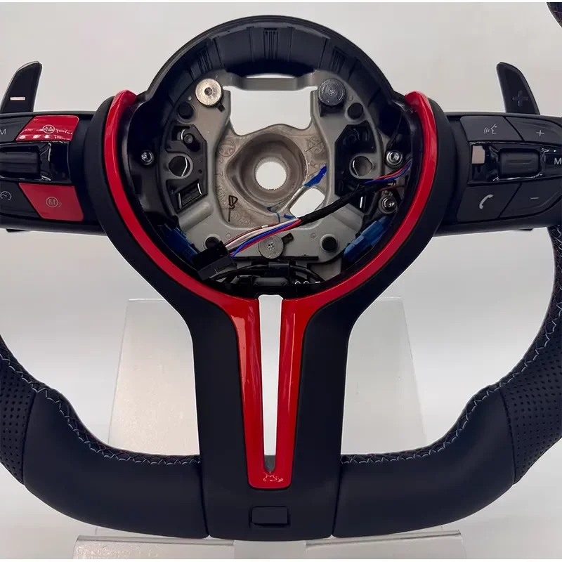 High Quality M Series Leather Steering Wheel Perforated Side Grips Red Trim Complete Multifunction Buttons Shift Paddles for