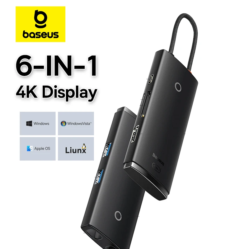 【Limited Stock Clearance】Baseus USB C HUB 6-in-1 HDMI 4K Display SD TF USB 3.0 Adapter PD 100W Type-C Fast Charging Dock HUB