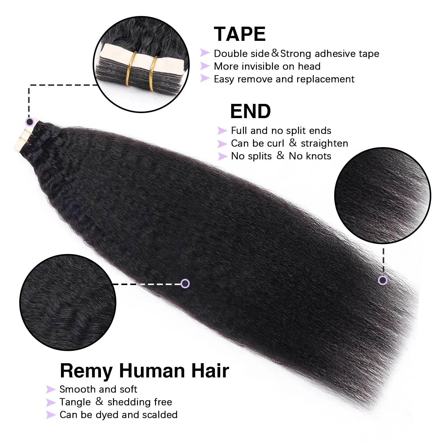 Kinky ตรงเทปต่อผมผมมนุษย์จริง 22 นิ้วสีดําธรรมชาติ Hair Extension เทปผมมนุษย์สําหรับผู้หญิงสีดํา