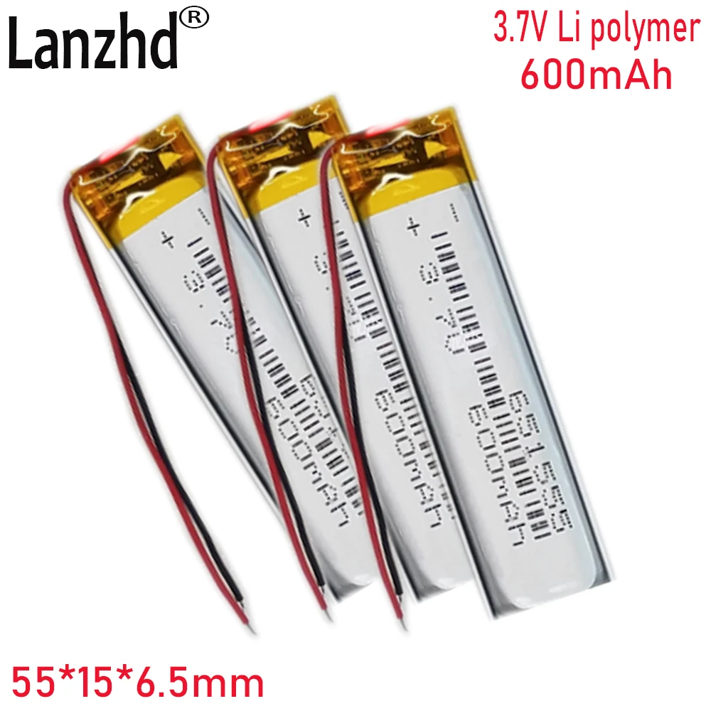 1-20pcs 3.7V Li Polymer Battery Applies For Voice Recorder point reading pen Bluetooth headset 600mAh battery 651555