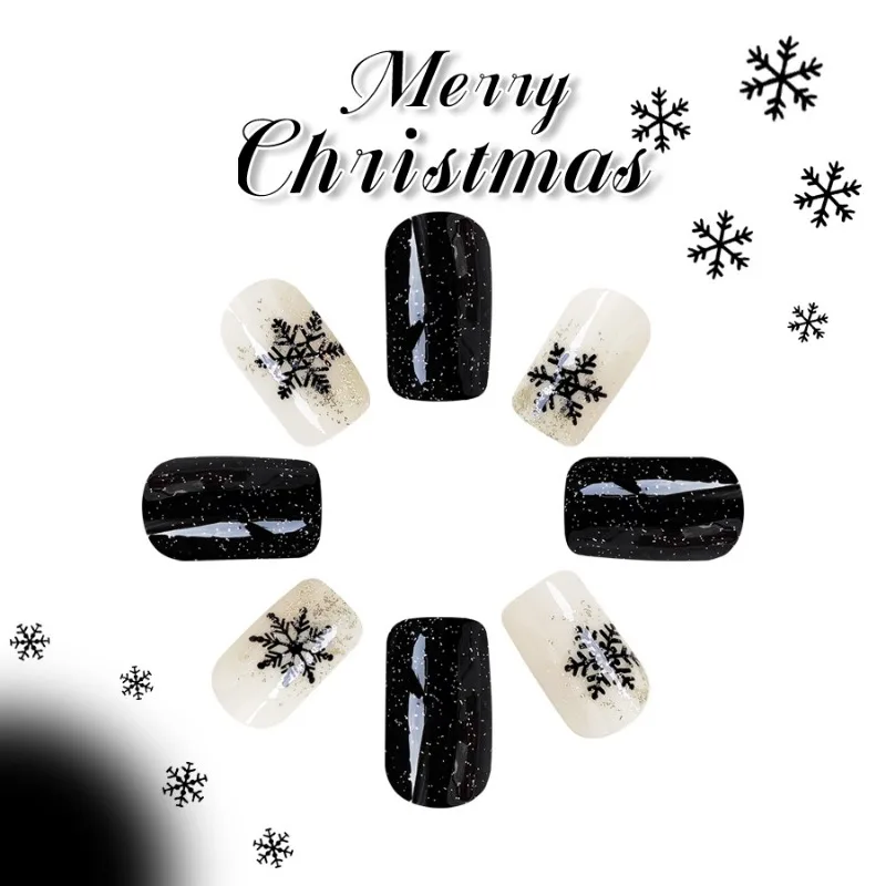 24 pçs curto quadrado unhas falsas com design 2024 natal unhas falsas glitter floco de neve preto reutilizável adesivo imprensa em unhas