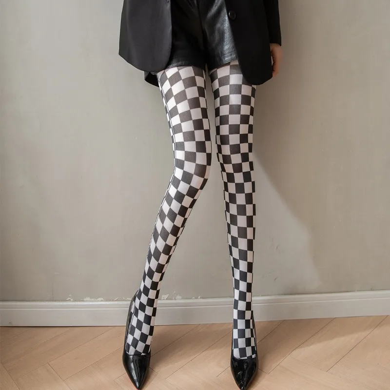 Women's Checkerboard Houndstooth Patterned Tights Opaque Pantyhose High Waist Print Stretchy Legwear For Women Fall Winter