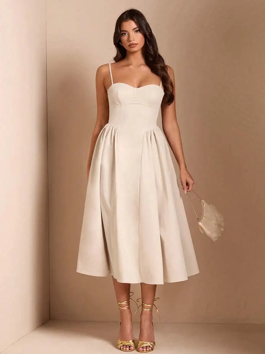 Elegant Cream Spaghetti Strap A-Line Midi Dress with Bustier Top image 5