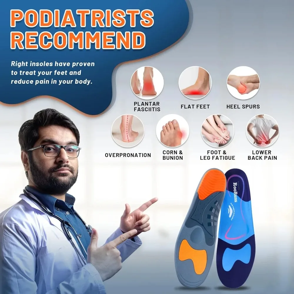 RooRuns Orthotic Inserts Plantar Fasciitis Arch Support for Flat Feet, Over Pronation & Heel Pain, PU Shock-Absorbing Shoe Pads