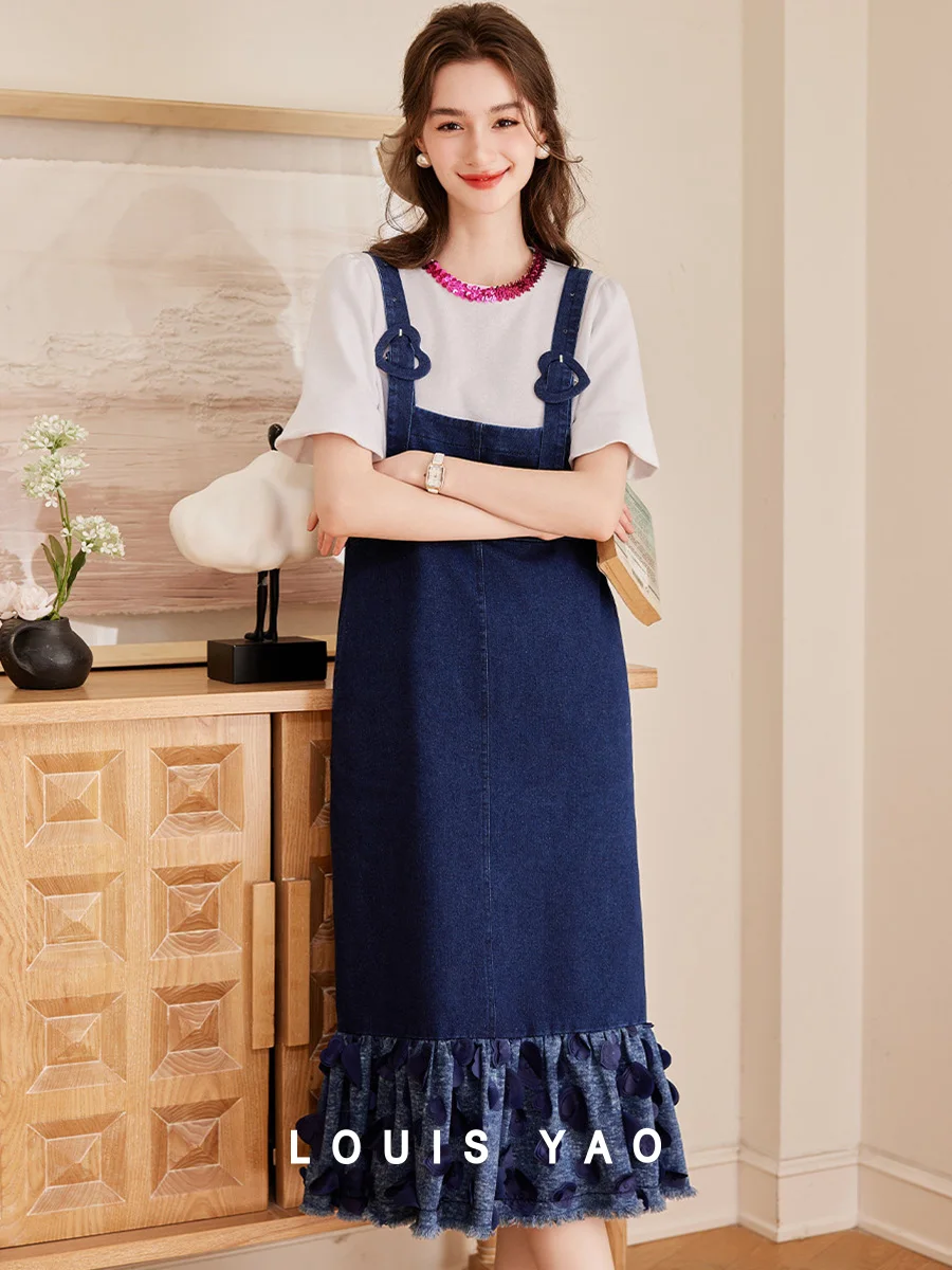 

LOUIS YAO Summer Women's Skirt 2025 New Non Elastic Bottom Splicing Three Dimensional Scissors Women's Strap Denim Skirt