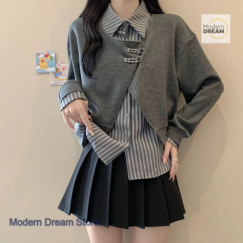 

French style design stripes fake two loose casual tops stitching sweater women's autumn and winter new fashion casual Joker tops