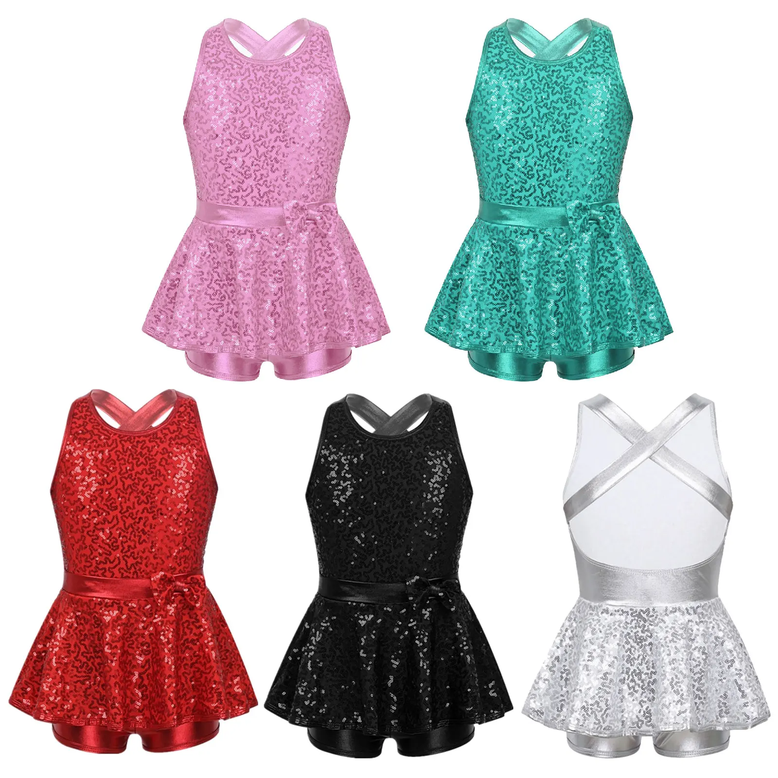 Girls Jazz dance dress Ballet Dance Leotard Dress Modern Tap Dance Sleeveless Sequined Criss Cross Back Waist Bowknot dress kids