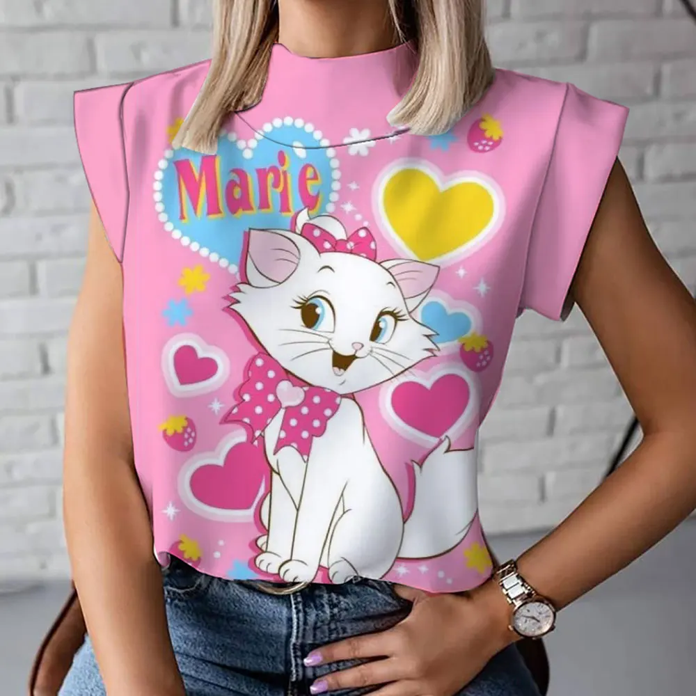 

2024 Summer New Mary Cat Anime Trendy All-match Pattern 3D Printing Women's Harajuku Street Turtleneck T-shirt Vest y2k