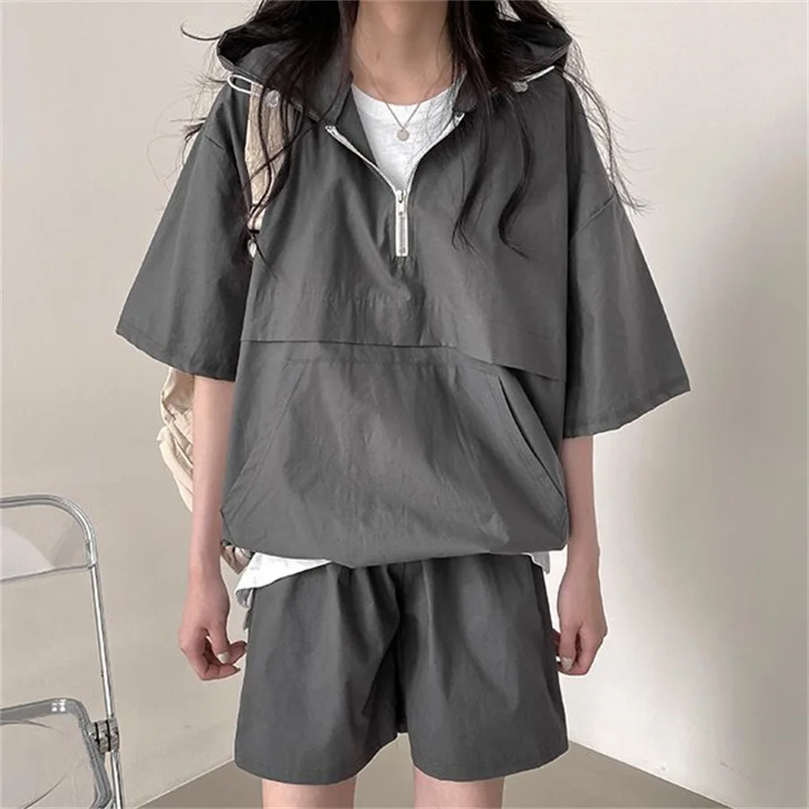 Summer Women Hooded Tracksuit Solid Color Outfits 2024 Half Zipper T-shirt+Shorts Two Pieces Sets Ladies Casual Loose Sportswear