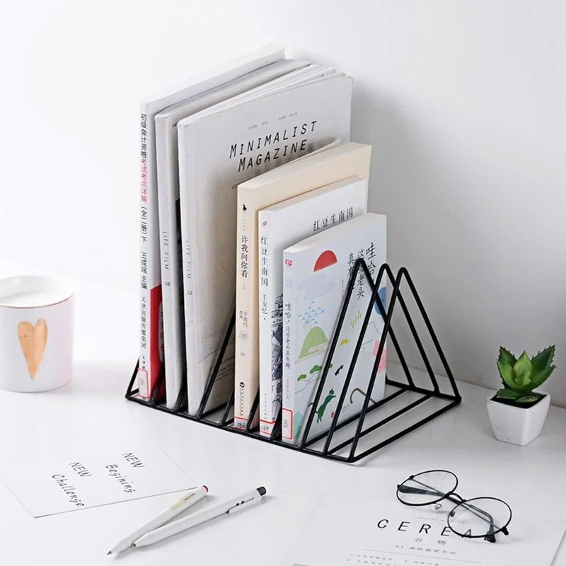 Nordic Wrought Iron Creative Triangle Bookshelf Iron Lp Record Rack Triangle Book Magzine Holder Desk Record Storage Organizer