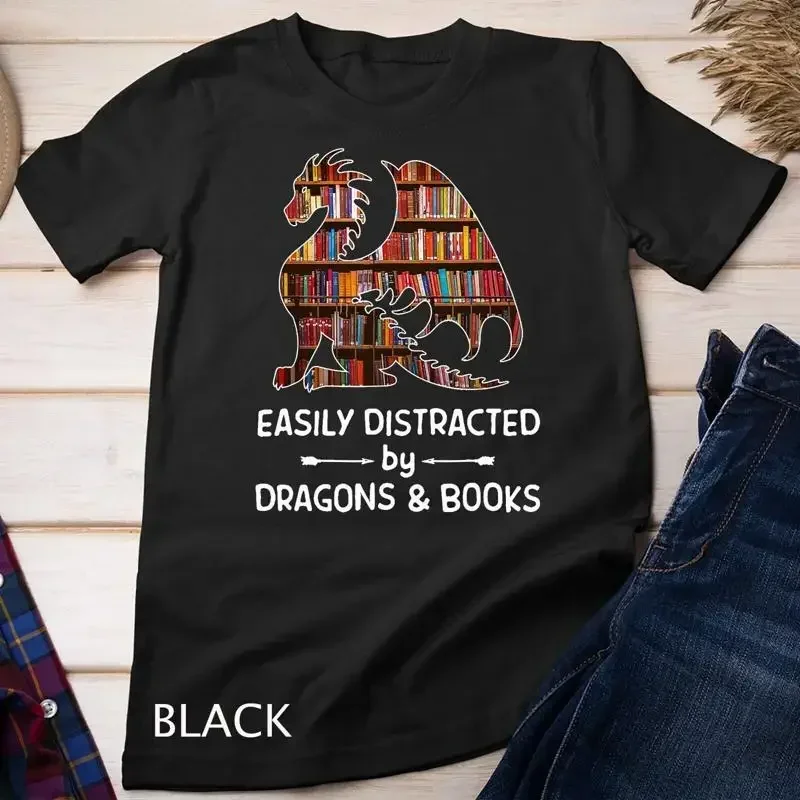 easily distracted by Dragon and Books nerds T Shirt Unisex T shirt