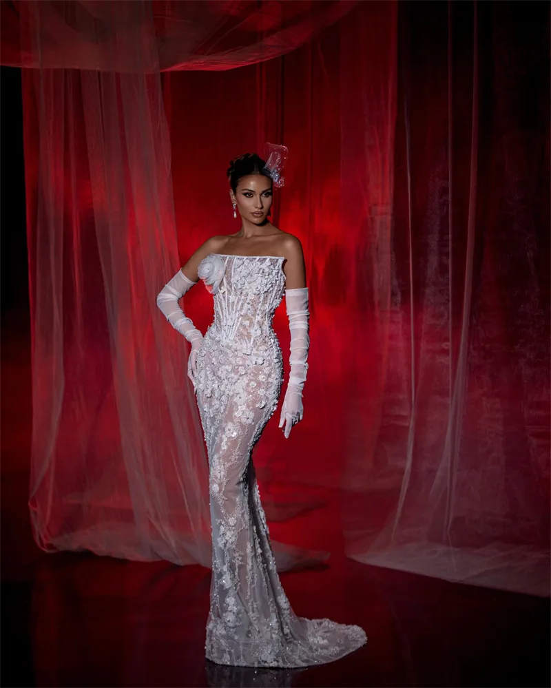 

Luxury Pearls Mermaid Wedding Dress With Detachable Sleeves 3D Flower Sexy Strapless Long Bridal Gown Formal Birthday Robe
