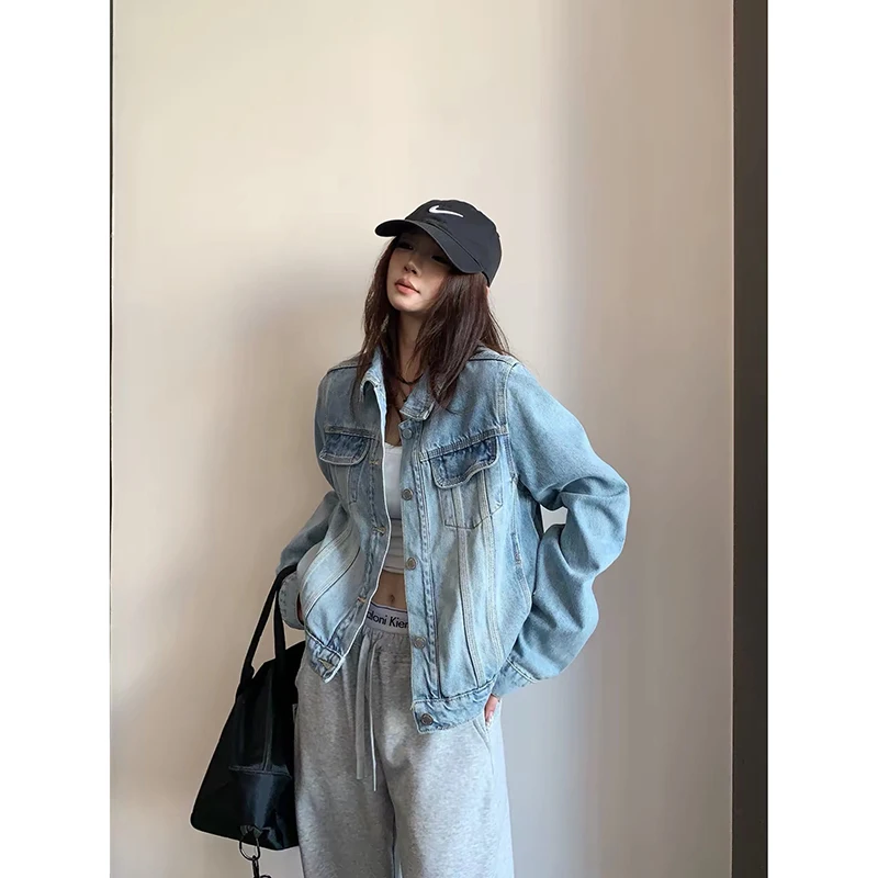 YIBASHU 2026 Autumn Winter Women Washed Blue Denim Crop Jacket American Retro Y2k 2000s Gothic Casual Jacket Cowboy Outwear Tide