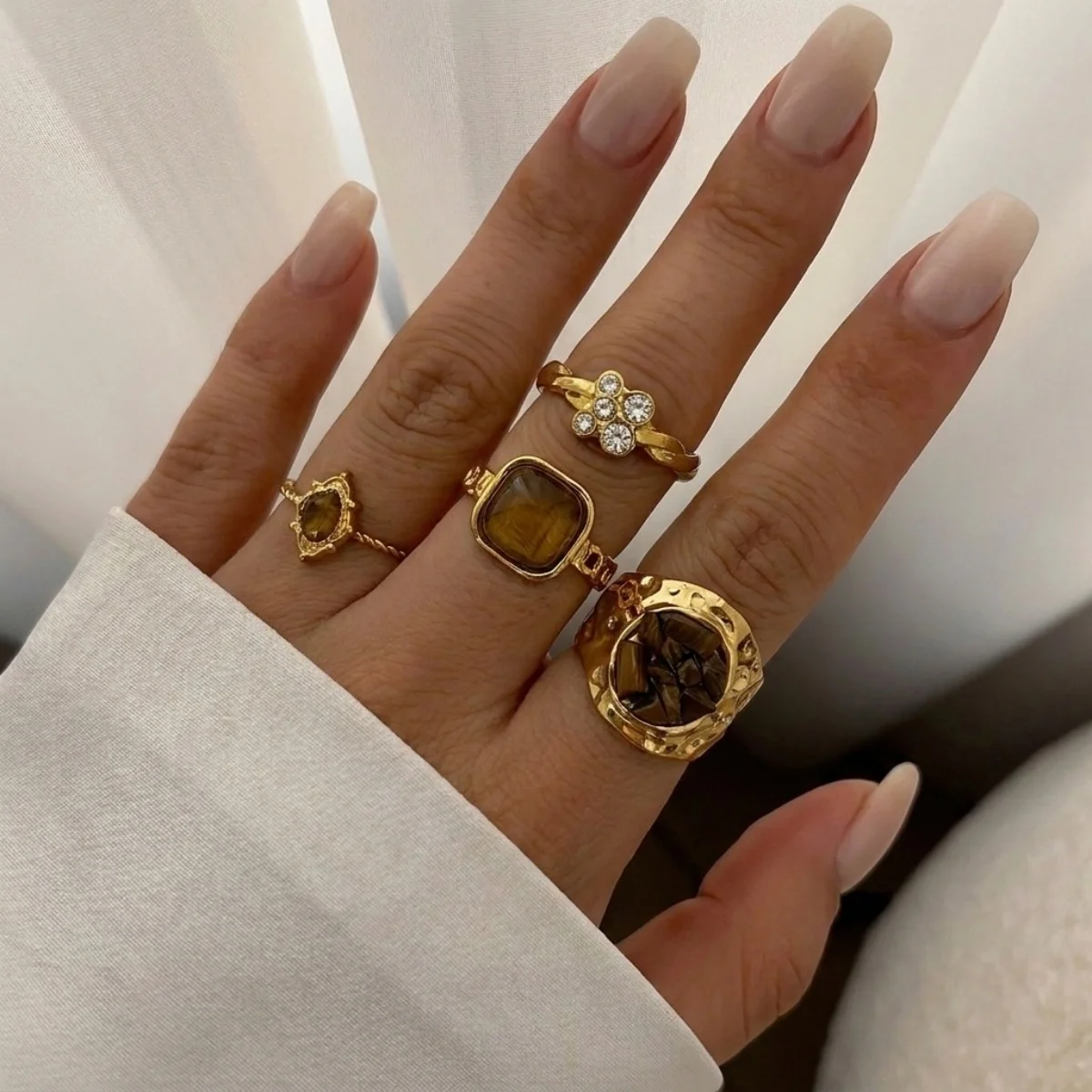Edelstahl Natürlicher Tigerauge-Stein Wassertropfen-Hammer-Ring Breiter Ring für Damen und Herren Französischer Vintage Geometrischer Blumenring Schmuck – Detail 9