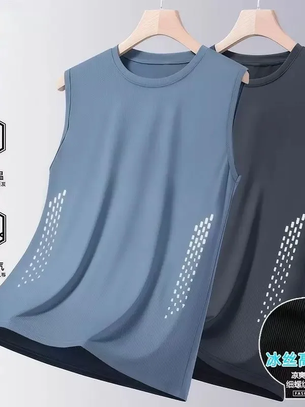 New 2026 Men's Ice Silk Tank Top T-Shirt Summer Loose Fitness Sport Quick Dry Sleeveless Thin Body Fit round Neck Pullover