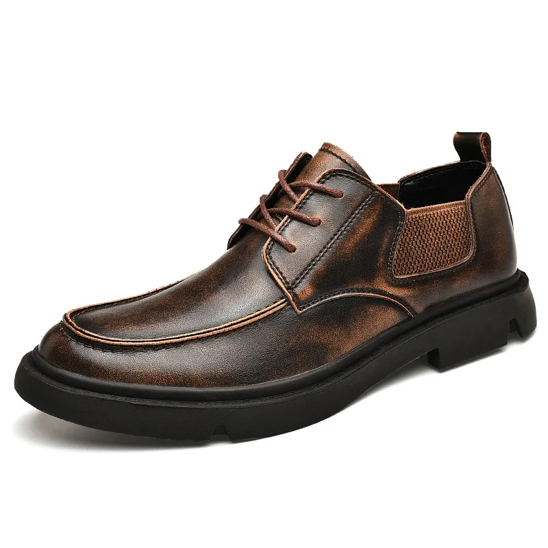 

Men's Casual Leather Shoes Fashionable British Style Retro business Men shoes round Toe Low Heel Solid Color Leather Interior