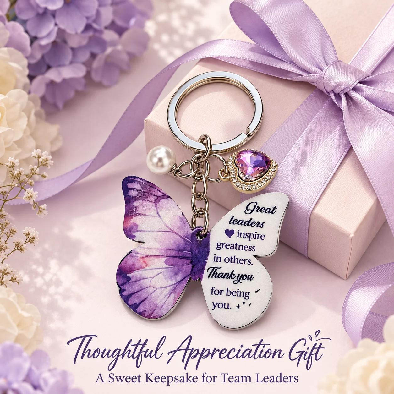 Appreciation Leader Butterfly Keychain, Heart Charms Bag Pendant, Thank‑You Gift for Birthday, Xmas, Thanksgiving, Party