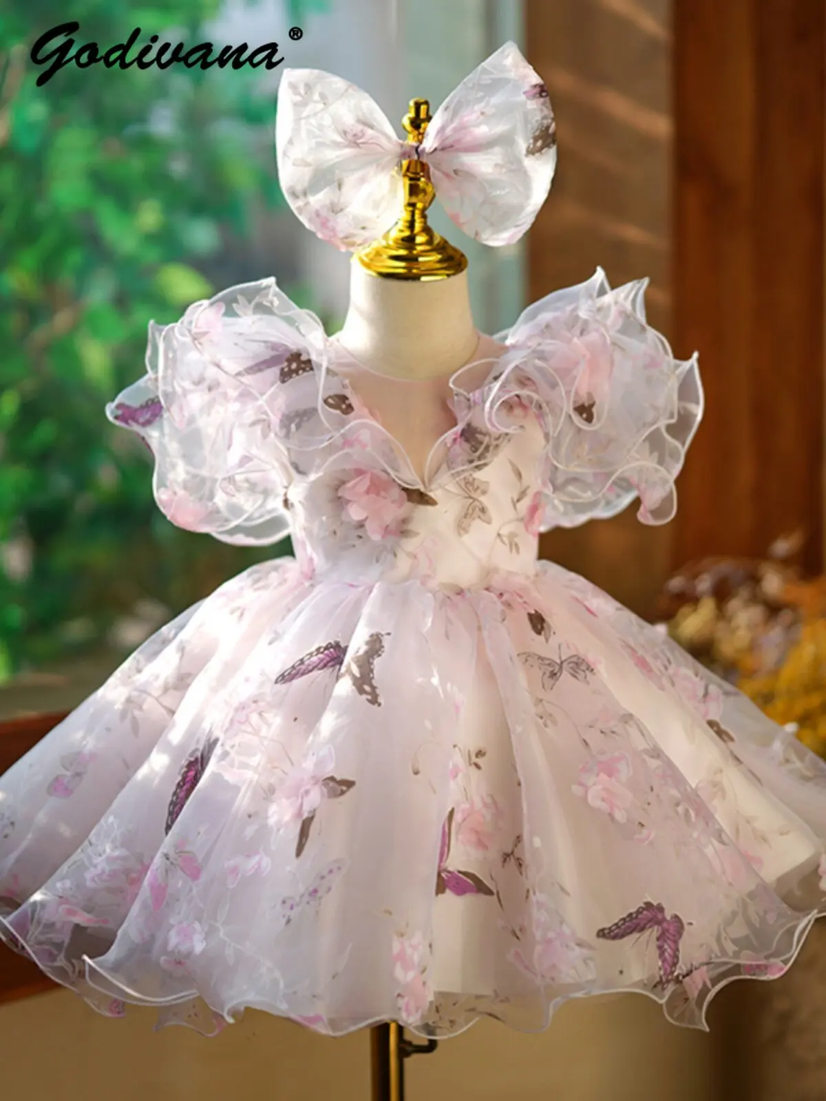 Sweet Baby Girls Formal Dresses Flower Girl Wedding Fairy Princess Dress Kids Tulle High Waist Floral Piano Performance Gown