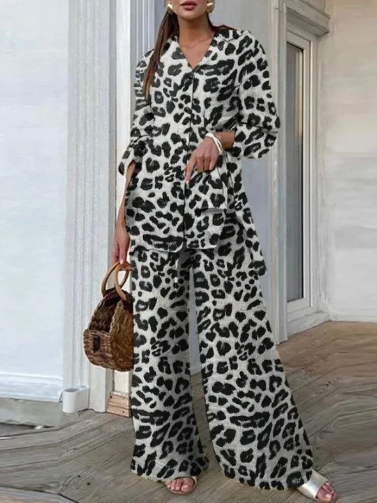 Summer Fashion Collection New Women's Wear Matching Collection Leopard Pattern Top Loose Wide Leg Pants Retro Two Piece Set