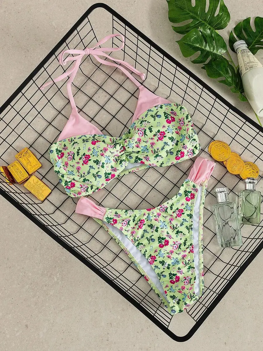 

Floral Halter Bikini Set Green Pink Ditsy Print Beach Swimwear