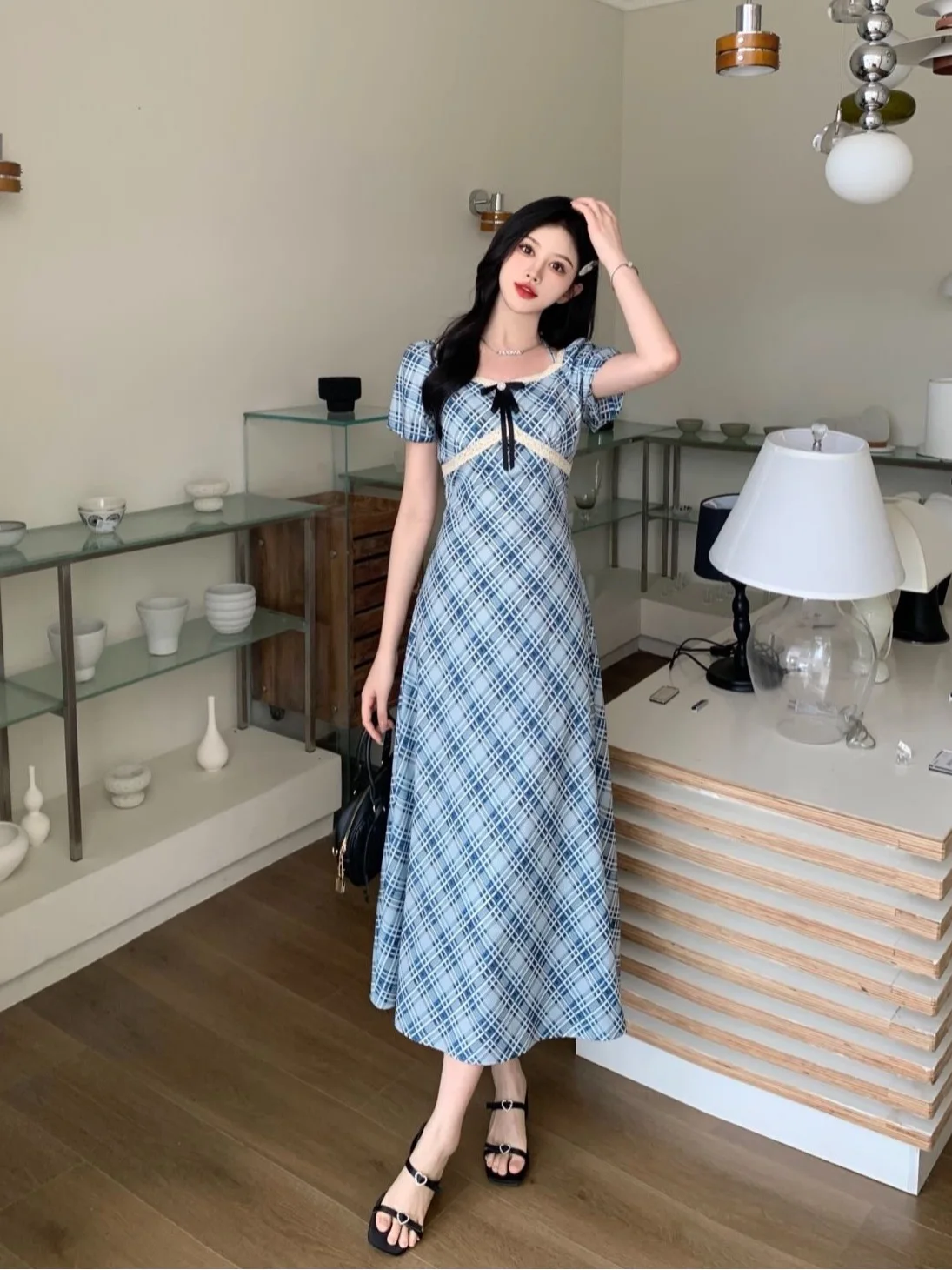 2024 Summer New Style Waist Collection Checkered Square Neck Dress Long Dress