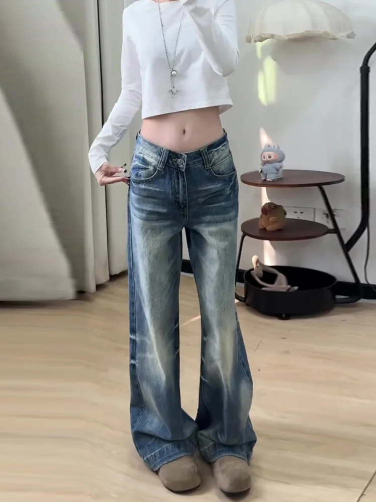 

plus Size American Retro Fleece Lined Thick Denim Pants Women's Autumn Winter Wide Leg Straight Tube Loose Fit Floor Length