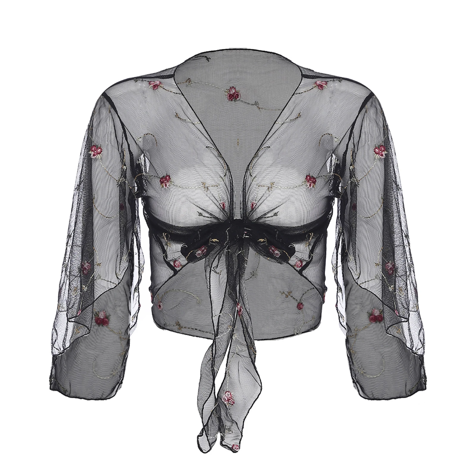 

Women Sheer Mesh Floral Embroidery Shrugs Shawls Fly Sleeve Open Front Self-tied Thin Crop Cardigan Bolero for Dress Cheongsam