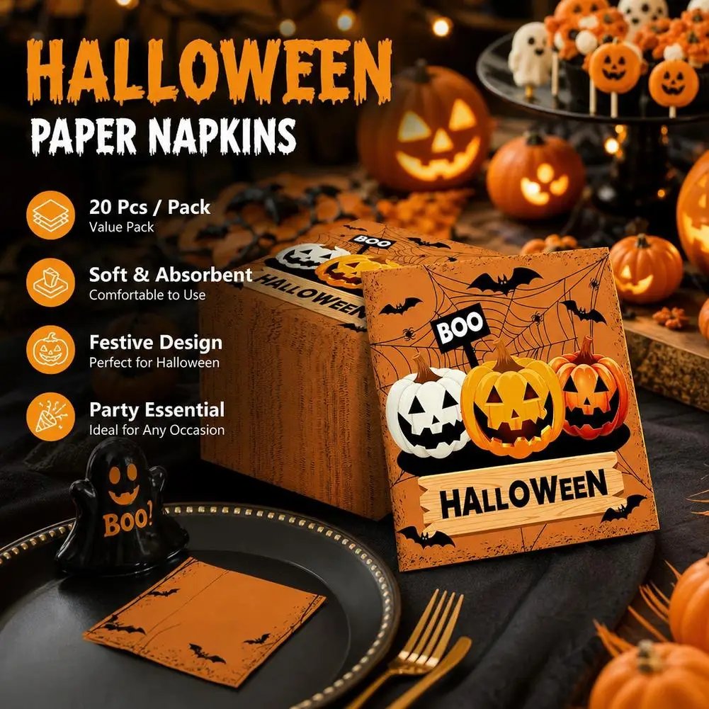 Halloween Disposable Napkins with Pumpkin Ghost and Black Cat Designs for Birthday Party Decorations (Square)