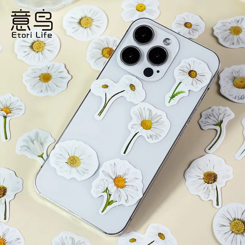 46 Pcs White Daisy Flower Vinyl Stickers Decals Waterproof For Crafts Envelopes Laptop Scrapbook Card Making Journaling