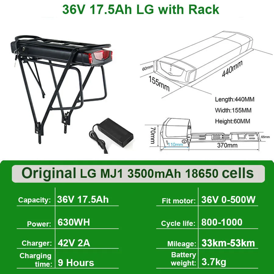 Ebike Batterij 36V 18Ah 17.5Ah 13AH 15H Achterdrager Elektrische Fiets Batterij 18650 27100 Pack voor 36V 250W 350W 500W Motor Kit