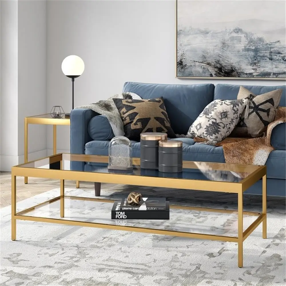 Modern Minimalist Coffee Table With Tempered Glass Top & Shelf, Steel Frame, 54x24x17