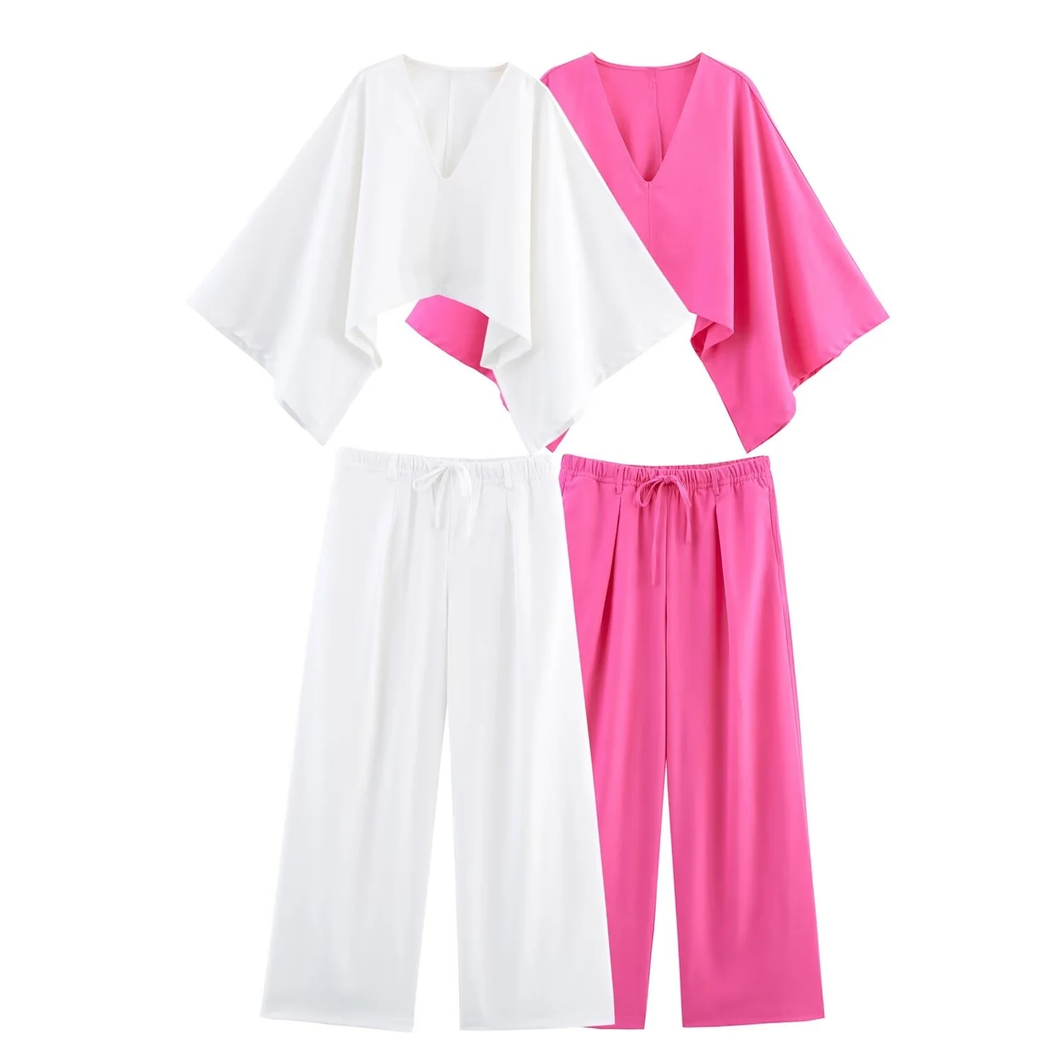 MYST & ZA2025 novedad de verano, camisa informal de manga larga con cuello en V y pantalones de pierna ancha con temperamento minimalista a la moda para mujer