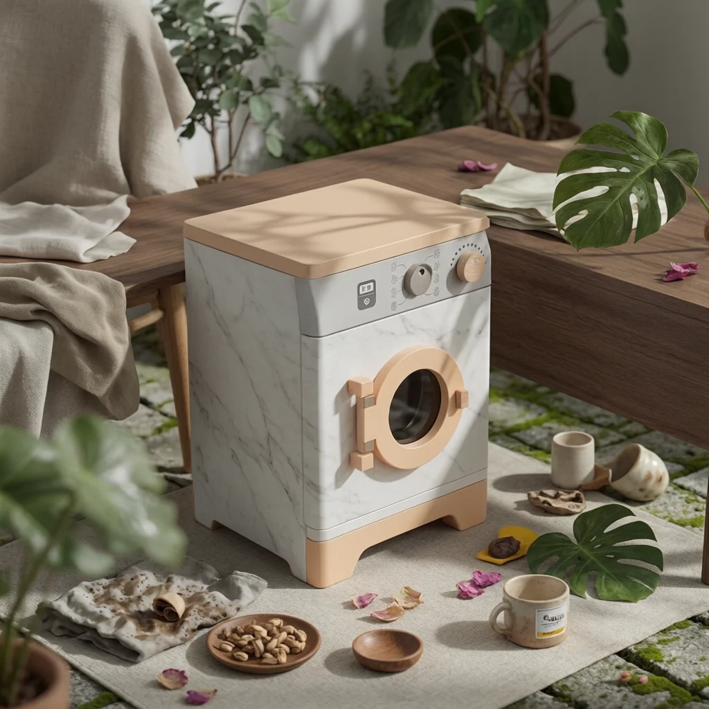 Wooden Laundry Set Front-Loading Wooden Washing Machine Pretend Washing Machine Gold-Tone Faucet Kids Plaything Storage Shelves