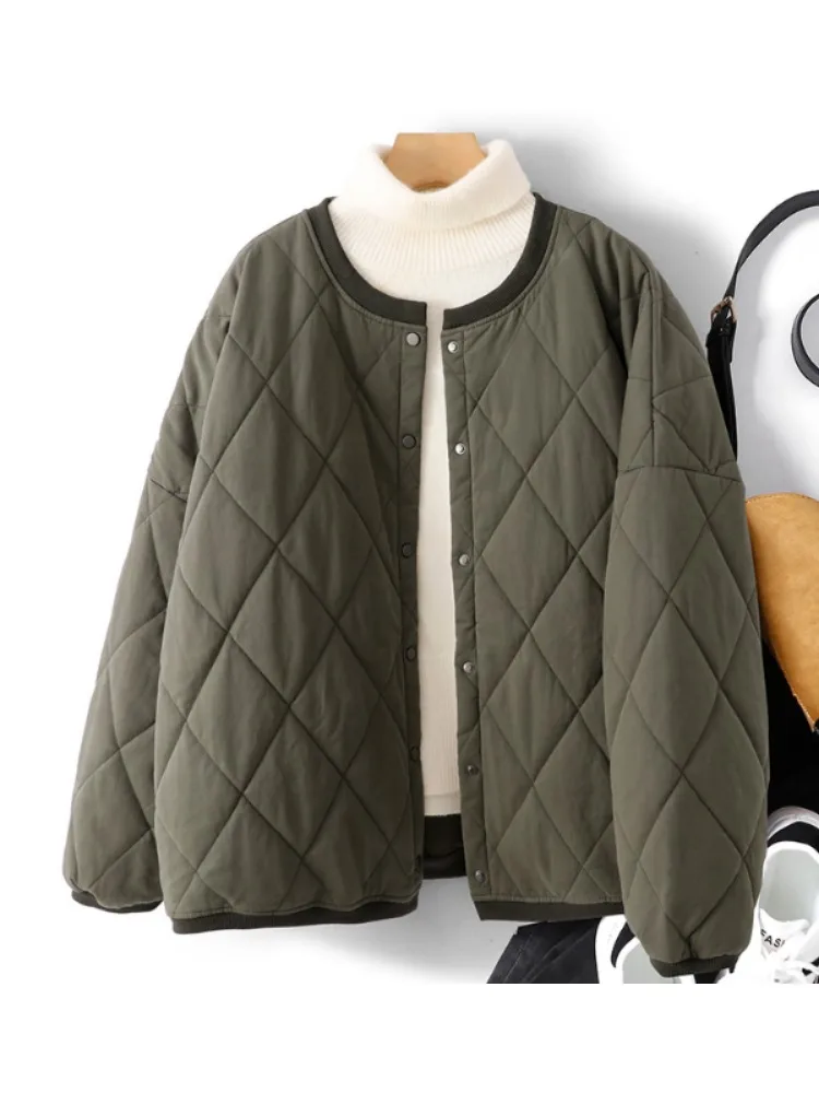 Retro Japanese Style Lightweight Cotton Jacket Women's plus Size Diamond Patterned Warmth Cardigan Coat Long Sleeve round Neck