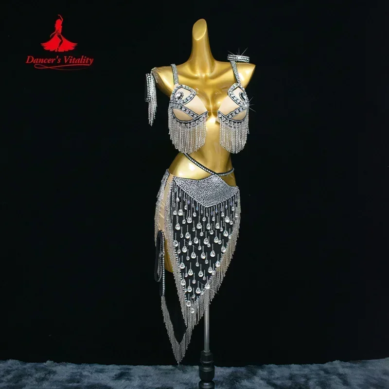 

BellyDance Performance Suit Customization Senior AB Stones Bra+rhinestone Tassel Skirt 2pcs Oriental Dance Competition Clothing