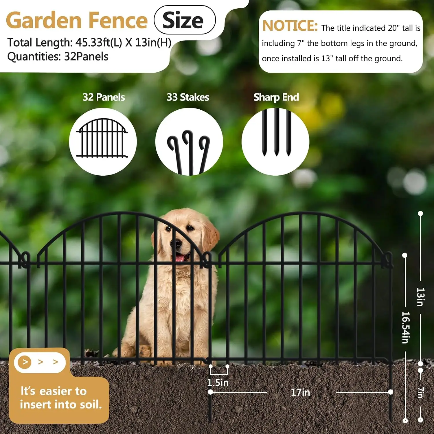 32 Panels Garden Fence, 45.33ft x 20in Animal Barrier Fences for Rabbits Dogs, Rustproof Metal Gardens Border Fencing, Arched Decorative Flower Bed Edging Barriers for Outdoor Yard Patio