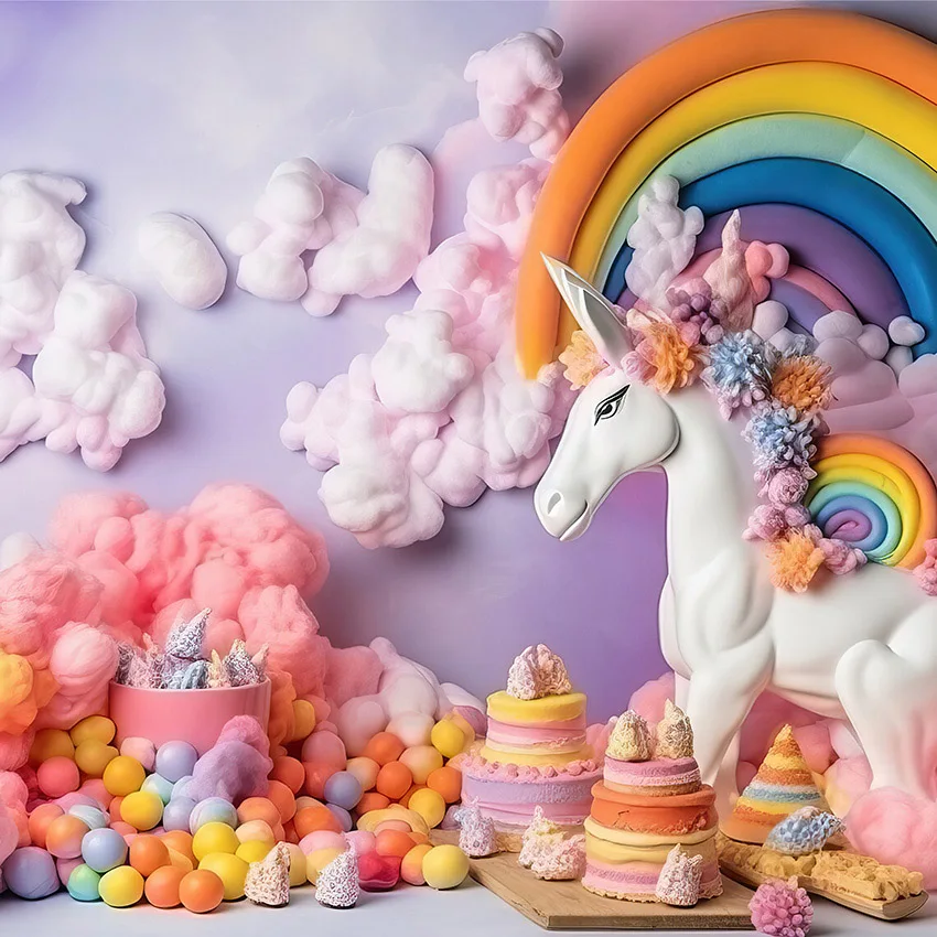 Mehofond Cake Smash Backdrop for Photography Toy Horse Birthday Decoration Colorful Cloud Background Photo Studio Shooting Props