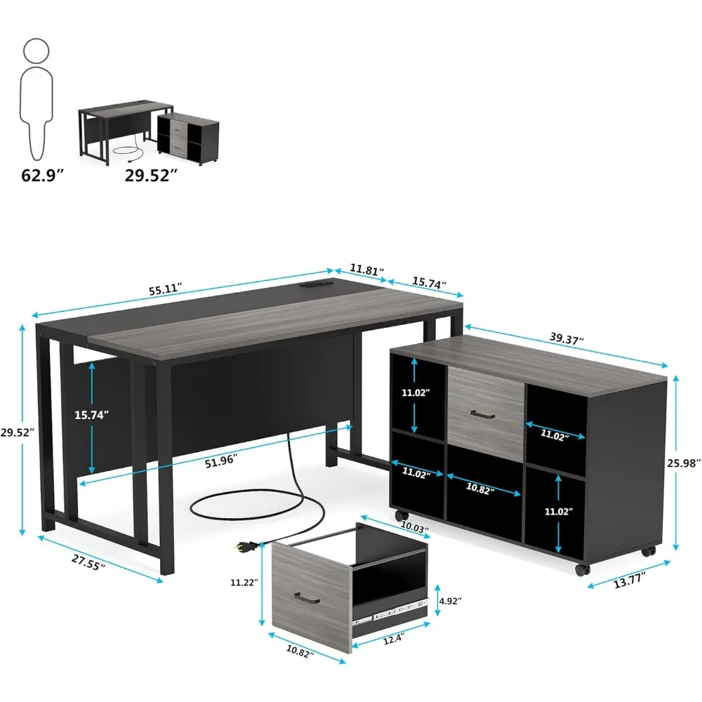 L-Shaped Computer Desk, Power Outlet and Drawer Cabinet, 55 inch Large Executive Office Desk with 40 inch Lateral File Cabinet