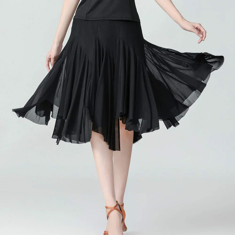 Gonna latina medio-lunga in rete elegante per le donne Nuovo stile Comfort Morbido Ballo da sala Valzer Danza del ventre Abbigliamento da ballo a 360 gradi
